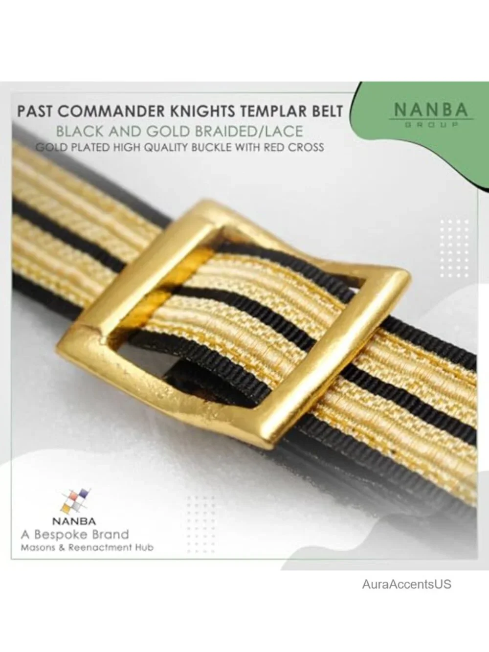 Knights Templar Ceremonial Belt Braided Gold Plated Buckle Red Cross